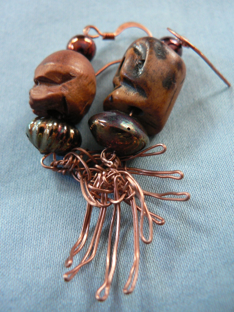 Twisted Wire Skull Hand Earrings Copper Bone Wood | Etsy
