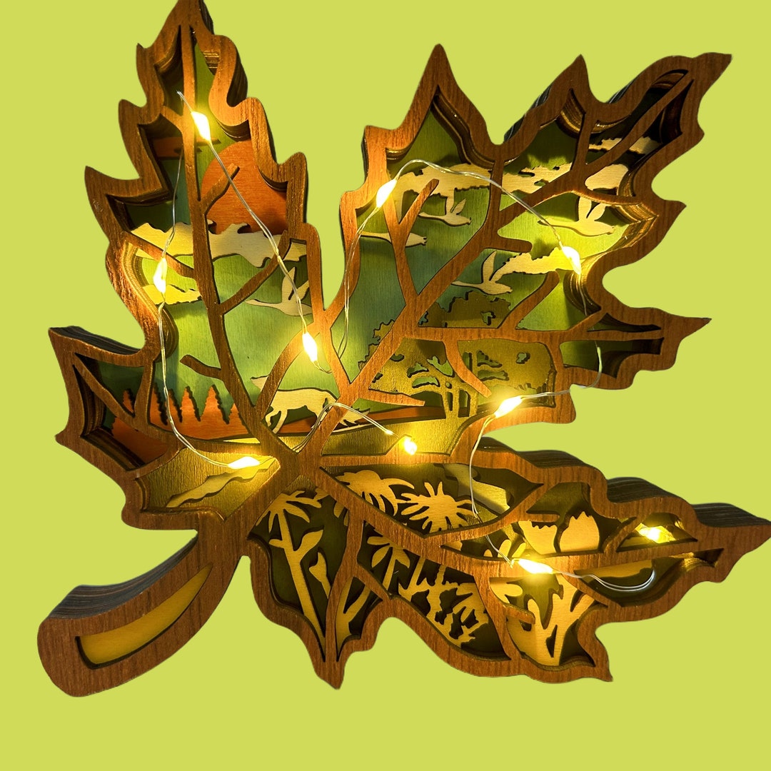 3D Wooden Maple Leaf Desk Ornaments With Lightswooden Autumn Etsy