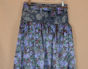 refashioned denim ,maxi skirt, bohemian, up-cycled, hippie chic,party skirt, denim maxi skirt