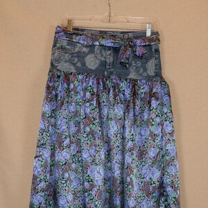 refashioned denim ,maxi skirt, bohemian, up-cycled, hippie chic,party skirt, denim maxi skirt