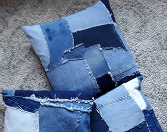 Patchwork Denim Pillow cover, recycled jeans pillow case, upcycled denim pillow sham