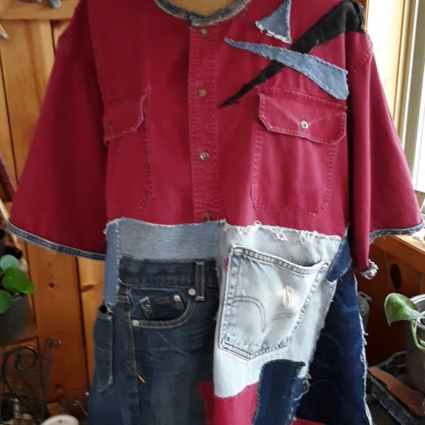 Maroon canvas and denim plus size tunic, casual top, recycled fashion, dark red tunic,