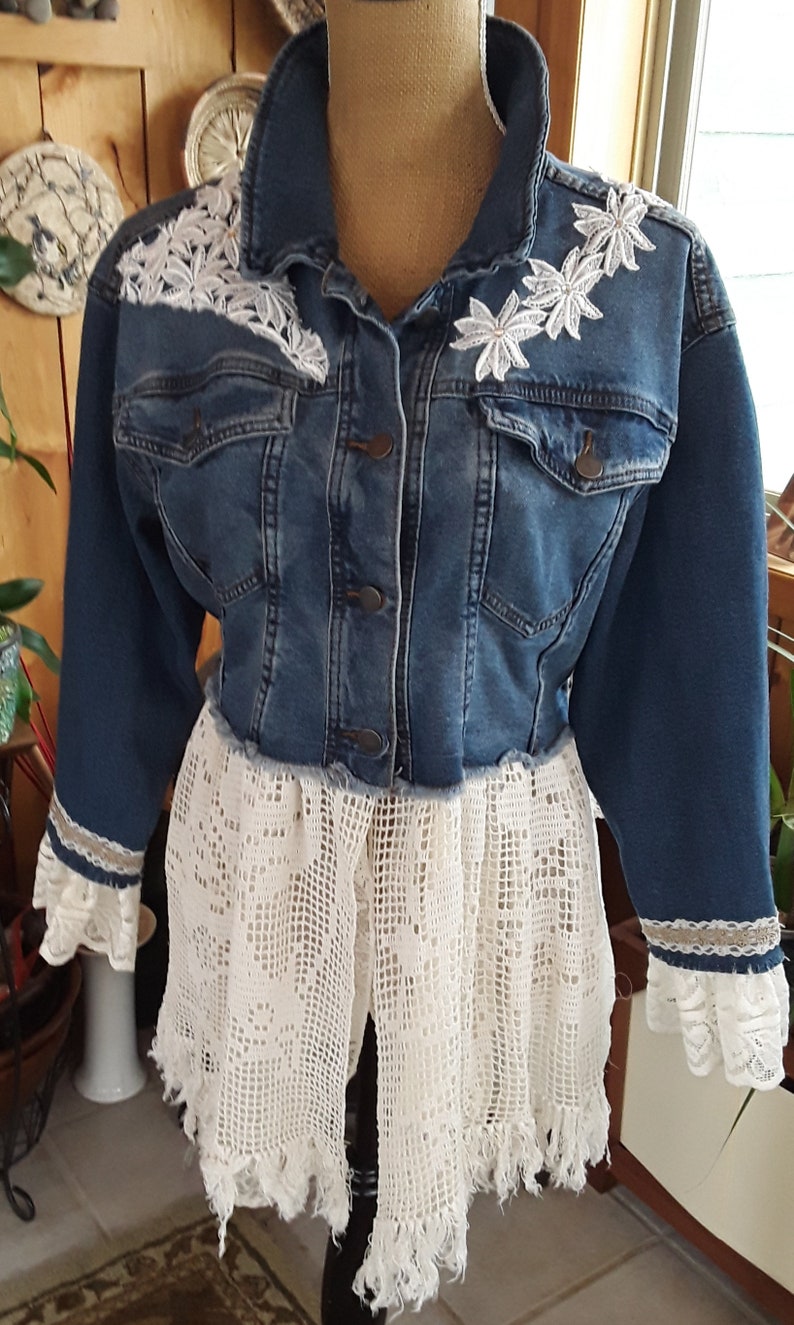 L Bohemian Denim Duster, Denim and Lace Jacket, Gypsy Hippie Waistcoat ...