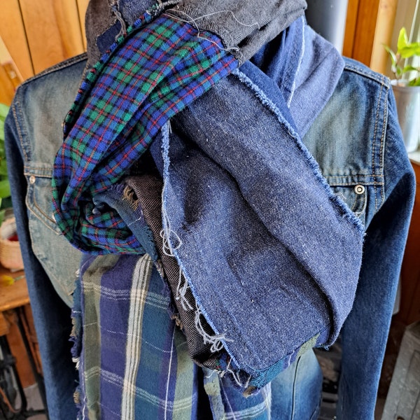 Flannel and Denim Patchwork Scarf, Unisex Long Scarf