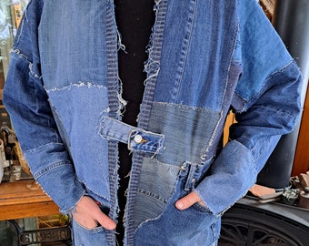 Denim Patchwork Kimono Jacket, Oversized Unisex Denim Coat