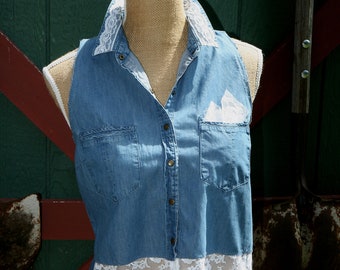 S/M recycled denim top, denim and lace shirt, boho denim top, hippie chic shirt