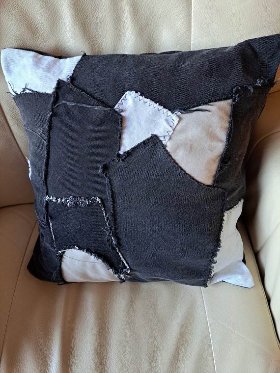 Patchwork Denim Pillow Cover, Recycled Jeans Pillow Case, Upcycled