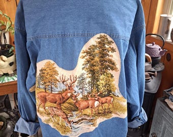 Unisex Denim Shirt, Upcycled Shirt, Wildlife, Deer Scene  Plus size