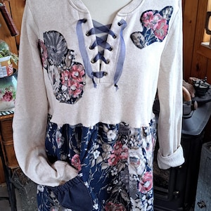 Refashioned Tunic, size M/L, Upcycled Sweatshirt, Blue and Oatmeal Top