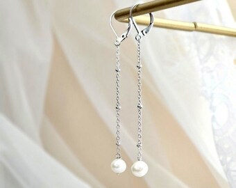 Longues boucles d'oreilles mariage - Boucles d'oreilles chaîne boules perles, bijoux mariage, boucles d'oreilles mariées