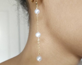 Longues boucles d'oreilles mariage cascade de perles, bijoux mariage, boucles d'oreilles mariées perles de culture