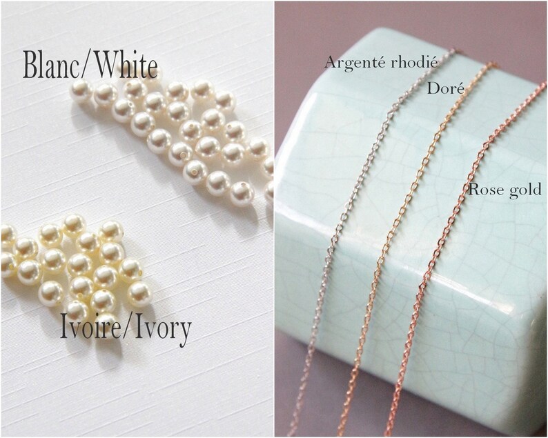 Puede incluir: Imagen que muestra componentes de joyer&iacute;a. La imagen muestra perlas blancas y marfil, junto con delicadas cadenas de collar en acabados plateado, dorado y oro rosa. Las etiquetas de texto identifican los colores.