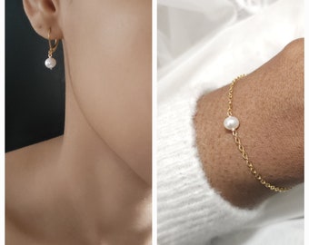 Ensemble parure bracelet une perle + boucles d'oreilles dormeuses perles , bijoux parure de mariée, bijoux mariage