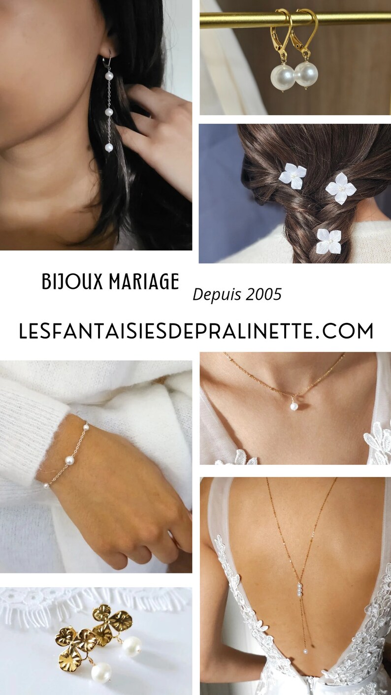 Puede incluir: Una colecci&oacute;n de joyas de novia que incluye pendientes de perlas, una pulsera, un collar y accesorios para el cabello. La imagen tambi&eacute;n presenta pendientes dorados y un collar para la espalda. El texto dice "BIJOUX MARIAGE Depuis 2005 LESFANTAISIESDEPRALINETTE.COM".