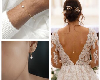 Ensemble bijoux mariage perles Collier mariée dos nu + bracelet une perle + boucles d'oreilles , bijoux parure de mariée perles