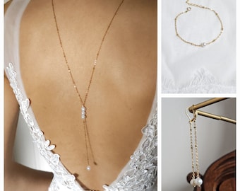 Parure bijoux de mariée perles et chaîne perlée, collier mariage dos nu, bracelet une perle, bijoux mariage, boucles d'oreilles pendantes