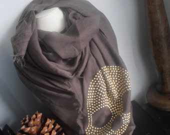 Lightweight Skull Scarf, Rivet Gold Print, Cotton, Long Shawl with Frayed Edges, Fashion Accessories , Women Scarves