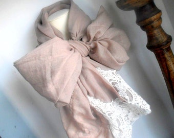 Beige Embroidered Lace Scarf /  Cotton Everyday Spring Wrap / Women Scarves / Fashion accessories