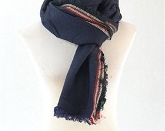 Navy Blue Wool long knit Scarf, Blanket Scarf, Neck Warmer, Trim Frayed Wrap, Long Crochet Trim Shawl, Wool Scarves, Clothing Accessories