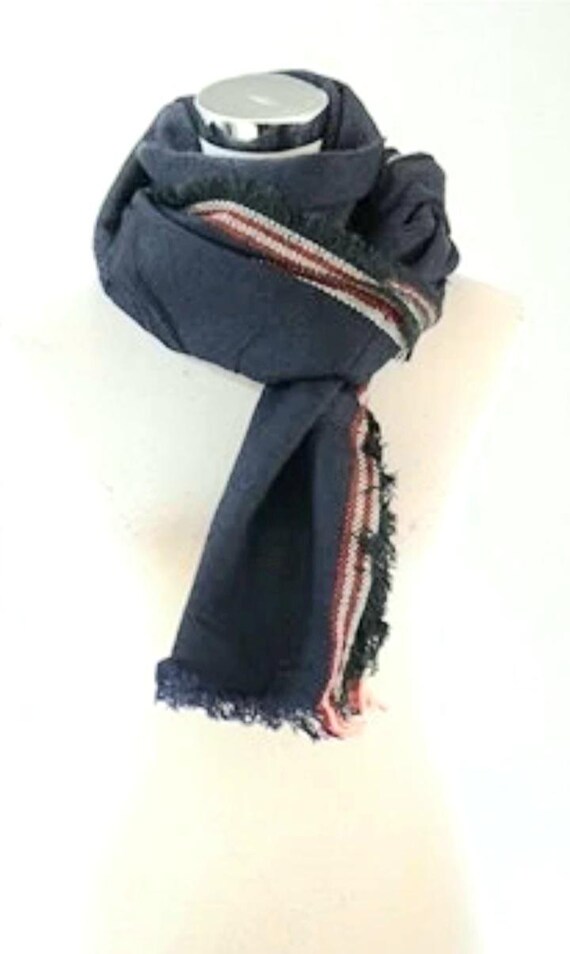 Navy Blue Wool Long Knit Scarf, Blanket Scarf, Neck Warmer, Trim