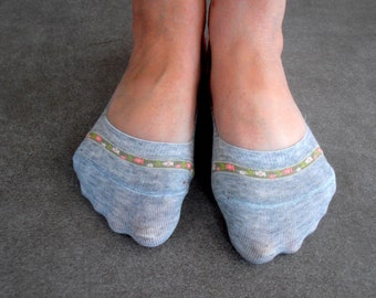 Pale Grey Embroidered Footlet Socks: Knit Peep Toe Ballerina Socks