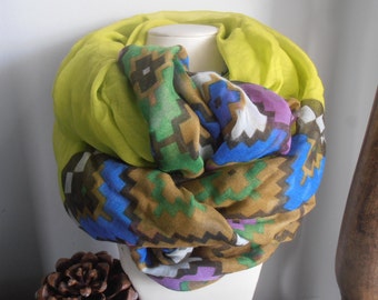 Multi-color Green Tribal Scarf, Long Bohemian scarf, Aztec Print Wrap, Neck Warmer, Fashion Accessories