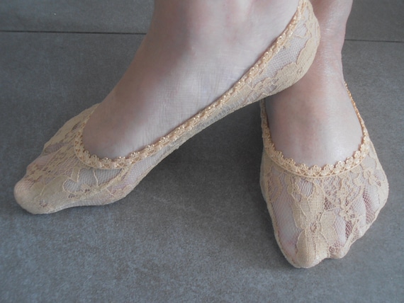 Natural Beige Stretch Lace Socks, Flower Socks, Peep Toe Socks