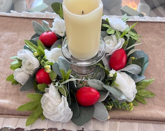 Orthodox Easter Wreath: Red Eggs & White Roses Centerpiece
