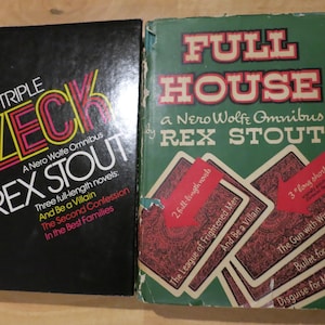 May include: Two vintage books by Rex Stout. The book on the left is titled "Triple Zeck" in black, yellow, and pink. The book on the right is titled "Full House" in red and white on a green background. Both are Nero Wolfe Omnibus editions.