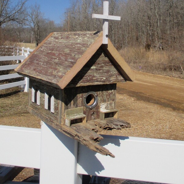 Birdhouse Reclaimed Barn Wood Church White Shutters, Benches, and Front Porch Woodworking Outdoor Decoration