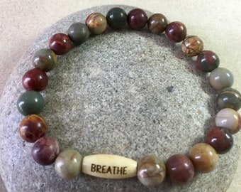 Celebrate Life. Live A Little. Picasso Jasper Gemstone Bracelet. Beaded Bracelet. Simple Stretch.  Wood "BREATHE" Bead. Unisex. Minimalist.