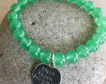 Organ Donor Awareness Bracelet.  Green Jade Stones. Simple Stretch. Silver Plated Charm. Unisex Bracelet. Green Ribbon Awareness.