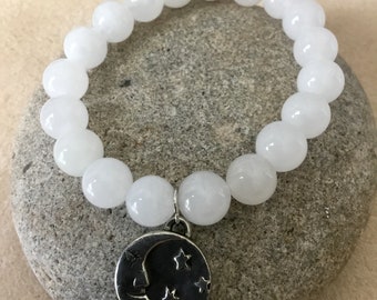 CALMING - SOOTHING - 10mm Snow Quartz Stone.Tibetan Silver Moon/Star Charm. Minimalist Jewelry. Simple Stretch Bracelet. Meditation Jewelry.