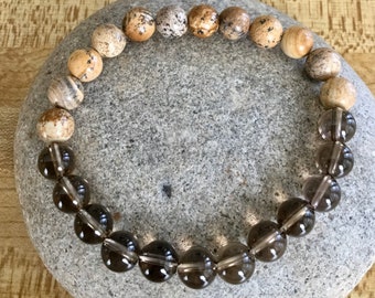 LETTING GO - NEGATIVITY -Smoky Quartz/Picture Jasper. Beaded Bracelet. Simple Stretch. Minimalist Jewelry. Unisex. Simple Bead.