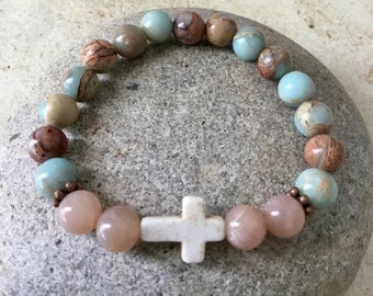 INNER PEACE - Aqua Terra Jasper. Sunstone Gemstone. Emotional Healing. Nurtures Spirit.  Copper Spacers. Meditation Jewelry. Bead Bracelet.