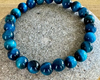 Lake Blue Tiger Eye Beaded Bracelet: Good Luck, Grounding, Protective