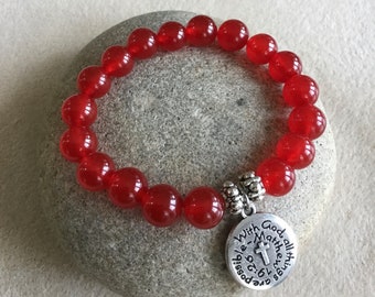 RELEASE TENSION. LOVE. Red Jade Bracelet. 10MM Bead Bracelet.  Stainless Steel Charm. Matthew 19:26. Simple Stretch Bracelet. Religious.