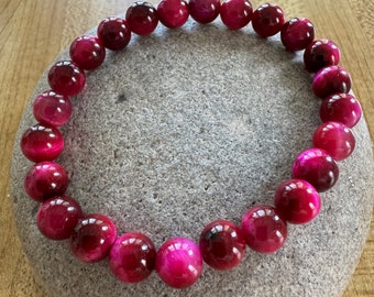 Magenta Tiger Eye Bracelet: 8mm Beaded, Good Luck, Boho Minimalist