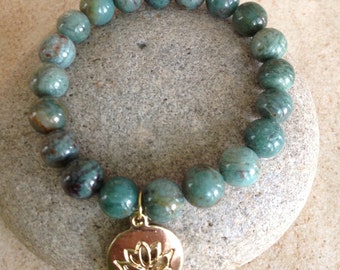 10mm RELAXATION. Good Fortune/Wealth. African Jade Gemstone Bracelet. Gold Lotus Charm. Beaded Bracelet. Unisex. Minimalist. Simple Stretch.