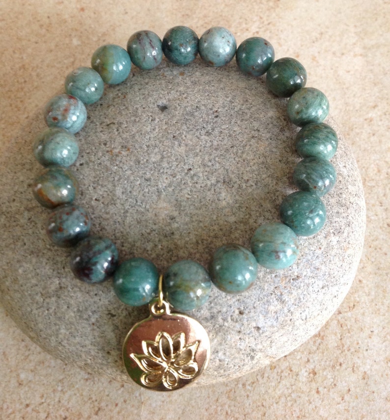 10mm RELAXATION. Good Fortune/Wealth. African Jade Gemstone Bracelet. Gold Lotus Charm. Beaded Bracelet. Unisex. Minimalist. Simple Stretch. image 1