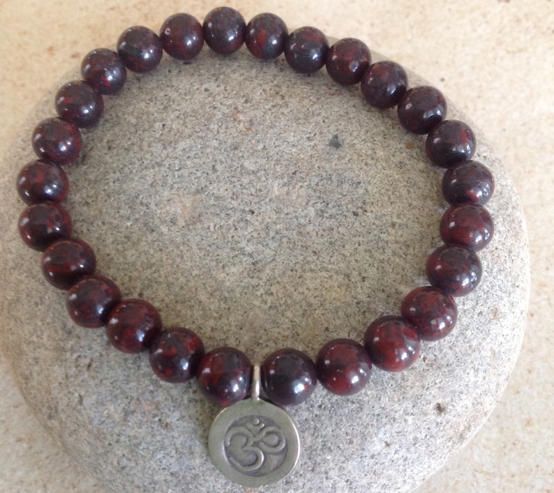 Hill Tribe Silver Ohm Charm Unisex Grounding Energy Simple Stretch Bloodstone Beaded Bracelet Gemstone Bracelet Yoga Jewelry.
