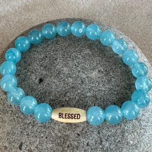 Aquamarine Gemstone Bracelet. Beaded Bracelet. Wood Lotus Bead. Chakra Bracelet. March Birthstone. Simple Stretch. Minimalist Jewelry. Yoga.