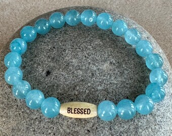 Aquamarine Gemstone Bracelet: Blessed Wood Bead, Chakra Healing