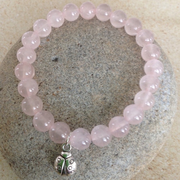 Peace. Calm. Luck. Rose Quartz Stones. Beaded Bracelet. Ladybug Silver Charm. Unisex. Lucky Ladybug Bracelet. Simple Stretch. Meditation.