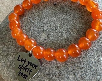 Orange Jade Stretch Bracelet: Stainless Charm, Boho Yoga Jewelry