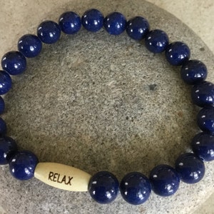 Deep Peace. Releases Stress. Blue Lapis Lazuli Beaded Bracelet. Wood RELAX Bead. Unisex.Simple Stretch Bracelet. Meditation Yoga Bracelet. image 1