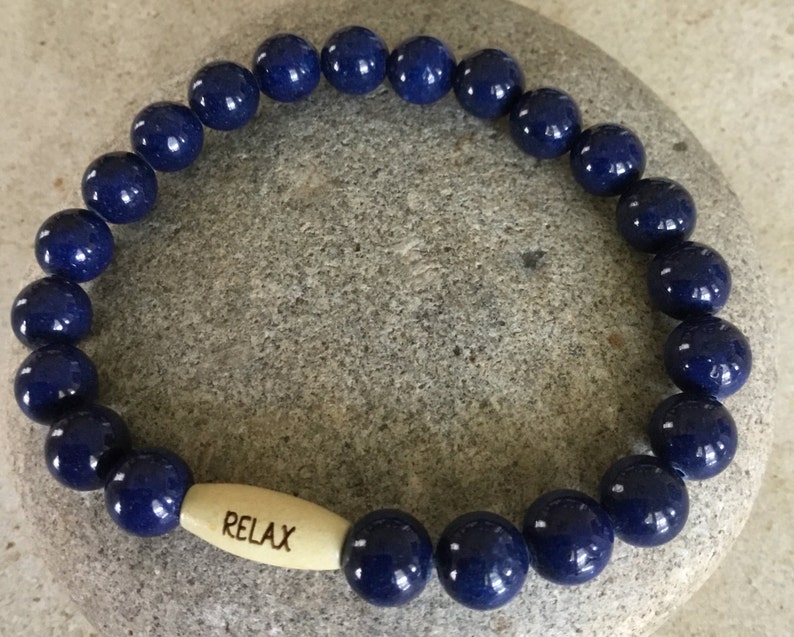 Deep Peace. Releases Stress. Blue Lapis Lazuli Beaded Bracelet. Wood RELAX Bead. Unisex.Simple Stretch Bracelet. Meditation Yoga Bracelet. image 1