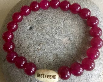 Best Friend. Rose Jade Gemstone Bracelet. Beaded Bracelet. Healing. Stability. Wood Bead. Word Bead. Simple Stretch. Friendship Bracelet.