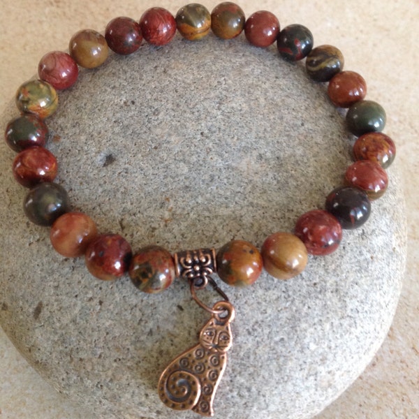 Celebrate Life. Live a Little. Picasso Jasper. Gemstone Bracelet. Beaded Bracelet. Copper Cat Charm/Bail. Simple Stretch. Yoga Jewelry.