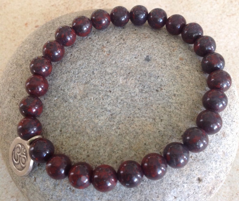 Hill Tribe Silver Ohm Charm Unisex Grounding Energy Simple Stretch Bloodstone Beaded Bracelet Gemstone Bracelet Yoga Jewelry.